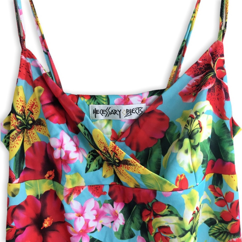 90s Y2K VINTAGE Turquoise Floral Hawaiian Print Pinup Dress - Picture 5 of 9